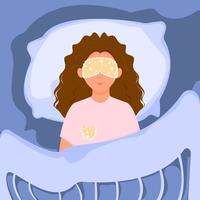 Girl with sleeping mask sleeping in bed under the covers. Healthy sleep concept. Pretty woman is sleeping on a pillow. Vector flat design.