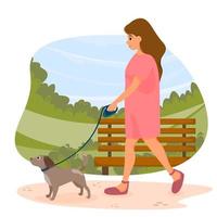 Girl in dress walking with dog on leash in summer park. Vector illustration.