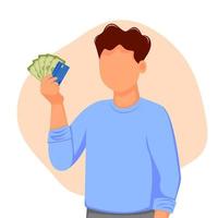 Man holds cash and debit card in his hands. Vector illustration. Payment by credit card, cash.