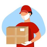 Courier in medical mask and gloves holding box in his hands. Concept of delivery, COVID-19, stay home. Vector illustration in flat style.