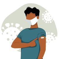 Vaccinated dark skinned man showing at the arm. Concept of vaccination, health, the spread of the vaccine, healthcare, call of fight against coronavirus. Colorful vector illustration in flat style.