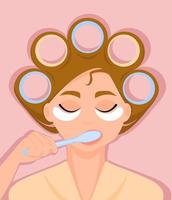 Cute smiling girl with curlers in hair and cosmetic patches under the eyes brushing her teeth. Morning routine. Home daily care. Vector illustration.