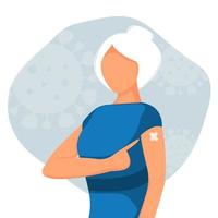 Vaccinated elderly woman showing at the arm. The concept of vaccination, health, the spread of the vaccine, healthcare, call of fight against coronavirus. Colorful vector illustration in flat style.