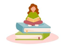 Girl sitting on Stack of books and reading. Concept of learning, education, knowledge, hobby. Vector illustration in flat style.