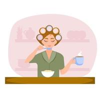 Young girl with curlers is having breakfast in the kitchen. Concept of morning routine. vector