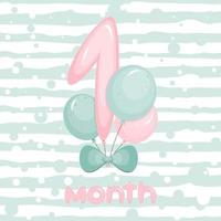 1 month Birthday party invitation with balloons. Greeting card template. Vector illustration.