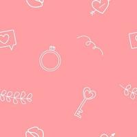 Seamless pattern for valentine's day. Outlines of heart, lips, ring on pink background. vector