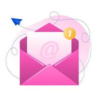 Pink envelope with document with email icon. Concept of receive message, email subscribe. Vector illustration in flat style.