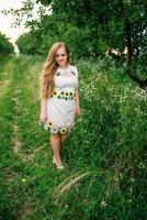 niña en vestido nacional ucraniano posó en el jardín de primavera. foto