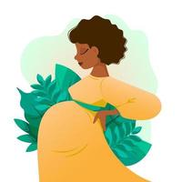 Pregnant African American woman side view. Vector illustration. The expectant mother is standing sideways. Pregnancy, big belly. Motherhood. Plants, leaves in the background.