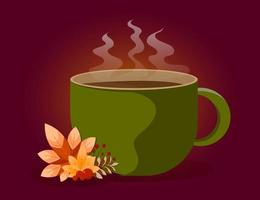 Green cup of hot tea or coffee with autumn leaves. vector