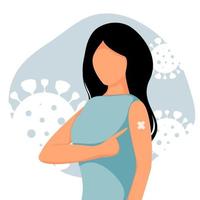 Vaccinated young woman showing at the arm. The concept of vaccination, health, the spread of the vaccine, healthcare, call of fight against coronavirus. Vector flat design.