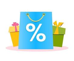 Vector illustration of bag and gifts with percent sign. Concept of discounts, sale, shopping.