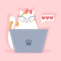 lindo gato con gafas con laptop envía un mensaje romántico. encantadoras mascotas. buscando pareja romántica en línea. día de san valentín, san valentín. ilustración de tarjeta de felicitación de vector. vector