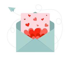 sobre abierto con una carta con corazones. el concepto de enviar mensajes. enviar o recibir una carta, correo. confesar amor. vector
