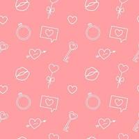 Seamless pattern for valentine's day. Outlines of heart, lips, ring on pink background. vector