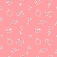 Seamless pattern for valentine's day. Outlines of heart, lips, ring on pink background. vector