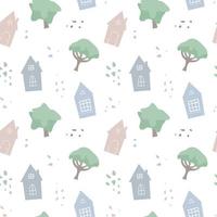 Seamless vector pattern with cute houses, trees and pebbles.