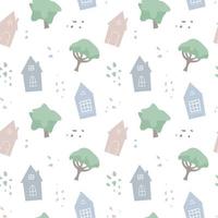 Seamless vector pattern with cute houses, trees and pebbles.