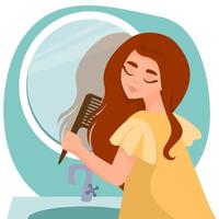 Lovely girl combing her long hair near mirror in bathroom. Concept of Beauty, Hair care , hair health, morning routine. Woman hairstyle by comb. Vector cartoon illustration.