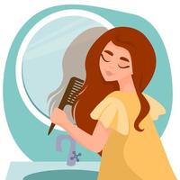 encantadora chica peinándose el pelo largo cerca del espejo en el baño. concepto de belleza, cuidado del cabello, salud del cabello, rutina matutina. peinado de mujer por peine. ilustración de dibujos animados vectoriales. vector