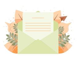 Open envelope with a letter with fall foliage in the background. The concept of sending messages. Send or receive a letter, mail. vector