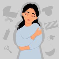Sad unhappy young woman. Concept of miscarriage, loss of child. Vector illustration in flat style.