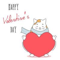 Cute cat hugs red heart. Lovely pets in love. Searching for romantic partner. Valentine's day, Saint Valentine. Vector greeting card with lettering.