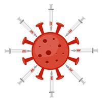 molécula de coronavirus rodeada de jeringas que contienen vacuna. ilustración vectorial vector