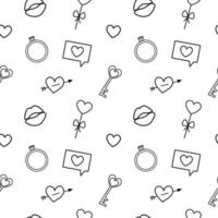Seamless monochrome pattern for valentine's day. Outlines of heart, lips, ring on white background.