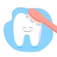 Cute smiling tooth with toothbrush. Vector illustration. Clear tooth concept.Brushing teeth. Dental.