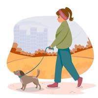 Girl in jacket walking with dog on leash in autumn park. Vector illustration.