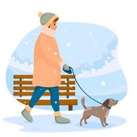 Girl walking with dog on leash in winter park. Vector illustration.