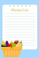 lista de la compra. lista de verificación de planificación de alimentos para el mercado. concepto de compra en supermercado. vector