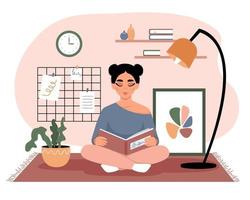 Woman reading book. Girl holding textbook. Trendy vector illustration in flat cartoon style. Literacy day concept.