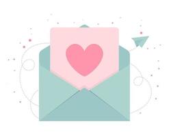 sobre abierto con una carta con corazón. el concepto de enviar mensajes. enviar o recibir una carta, correo. confesar amor. vector