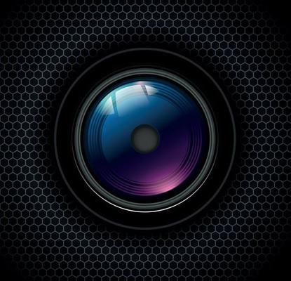 Background with photo lens icon on grill vector background texture.