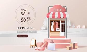 shopping online on phone with podium paper art modern pink background gifts box  illustration vector. vector
