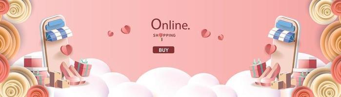 online shopping spring on phone flower pink big sale banner marketing poster fashion vector