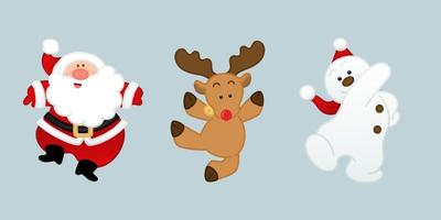 lindo vector de dibujos animados de Papá Noel, renos y muñecos de nieve aislado en fondo gris claro. conjunto de caracteres de ilustración para el diseño