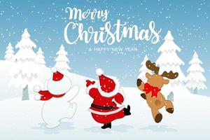 Merry Christmas and happy new year greeting card with Santa clause, Reindeer and Snowman in winter background, Cute holiday cartoon character vector illustration