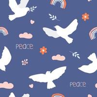 Seamless pattern with a bird of the dove of peace in flight with an olive branch. Sky, heart, clouds. Vector graphics.