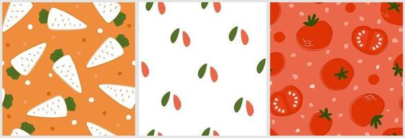 A set of seamless pattern with carrots and tomatoes. Print with a vegetable for proper vegan nutrition. Vector graphics.