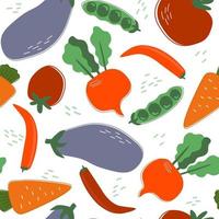 Seamless pattern with carrots and tomatoes, eggplants, beets, peas. Print with a vegetable for proper vegan nutrition. Vector graphics.