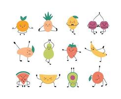 lindas frutas y bayas en pose de yoga. manzana, plátano, pera y otras frutas practicando yoga y meditando vector
