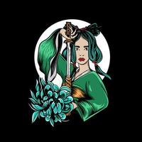 mujer geisha con flor de espada e ilustración de luna de japón vector