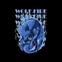 Blue wolf surrounded with flames illustration and Wolf Fire lettering on a black background vector
