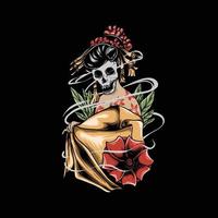 geisha con cabeza de calavera, flores e ilustración de humo vector