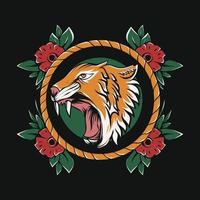 cabeza de tigre enojado con marco de flores para diseño de tatuajes y camisetas vector