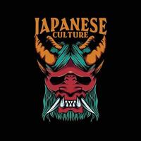 oni mask illustration for t shirt with japanese culture lettering vector